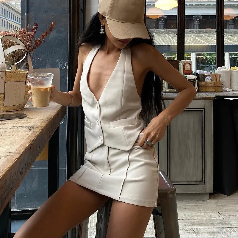 Casual Sleeveless Suit Tank Top With High-waist Bodycon Hip Skirt