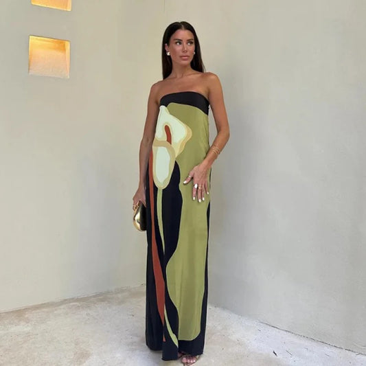 Strapless Backless Printed Long Dress