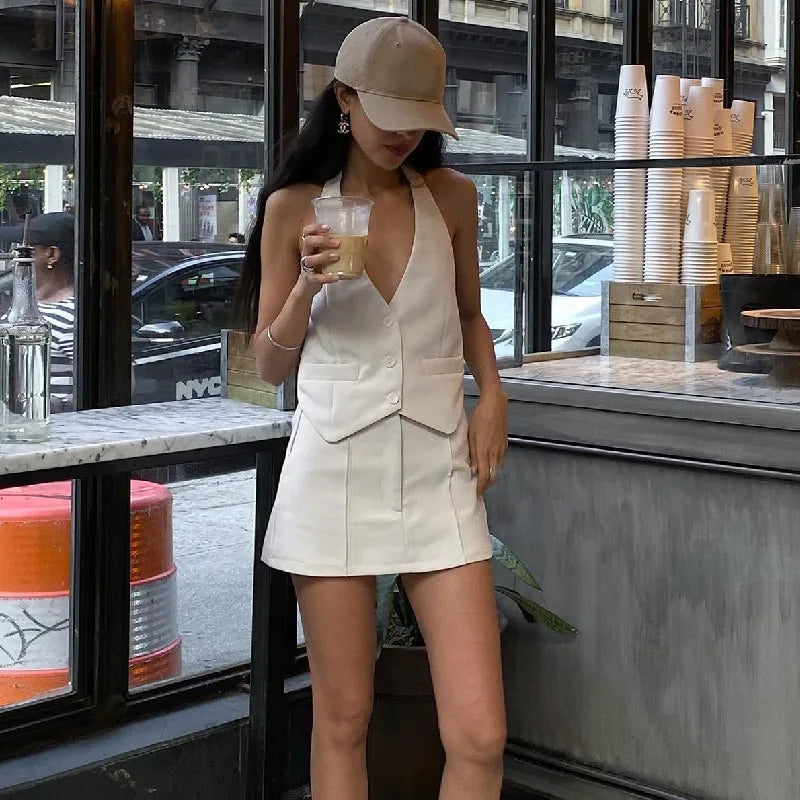Casual Sleeveless Suit Tank Top With High-waist Bodycon Hip Skirt